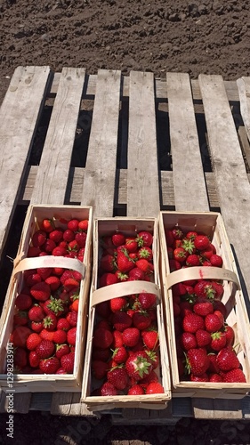 Fresh Red Strawberries in Wooden Baskets on a Rustic Pallet, Set Against a Fertile Farm Soil Background, Evoking Organic Harvest and Natural Beauty