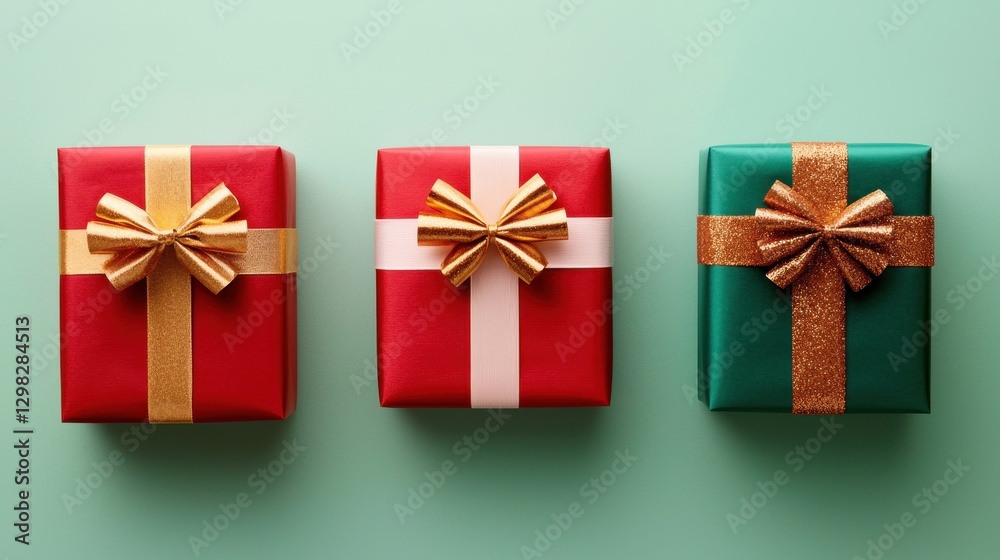 Fototapeta premium Colorful Gift Boxes with Gold and Silver Ribbons on Soft Green Background for Holiday Celebrations