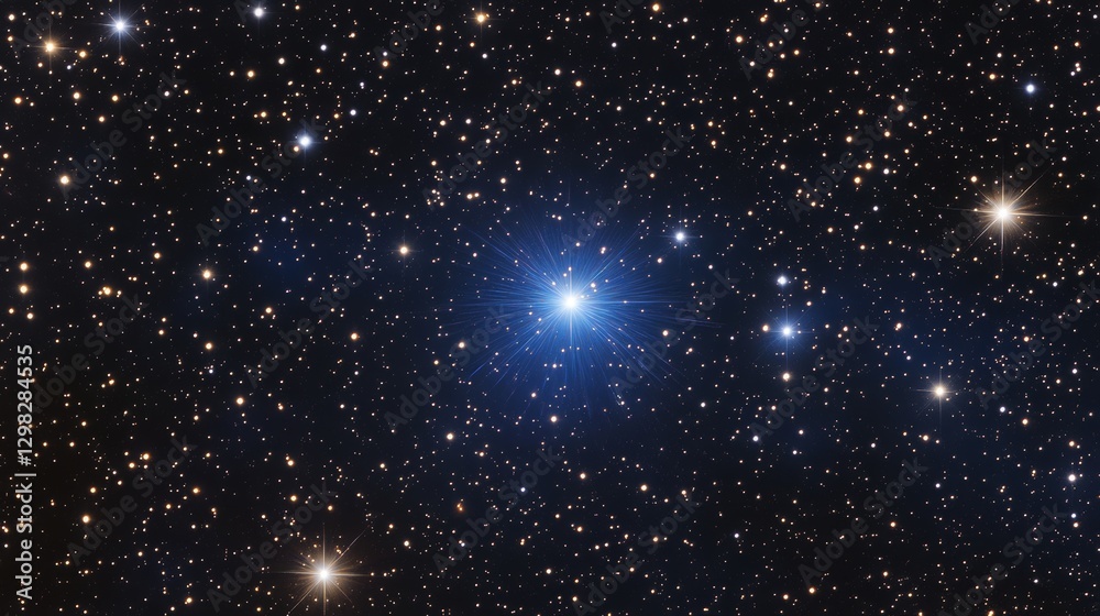 Fototapeta premium Bright starry sky with sparkling blue star in vast universe