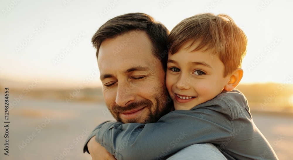 Father and son embracing on beach at sunset, showcasing love, family bond, happiness Father and son embracing on beach at sunset, showcasing love, family bond, happiness