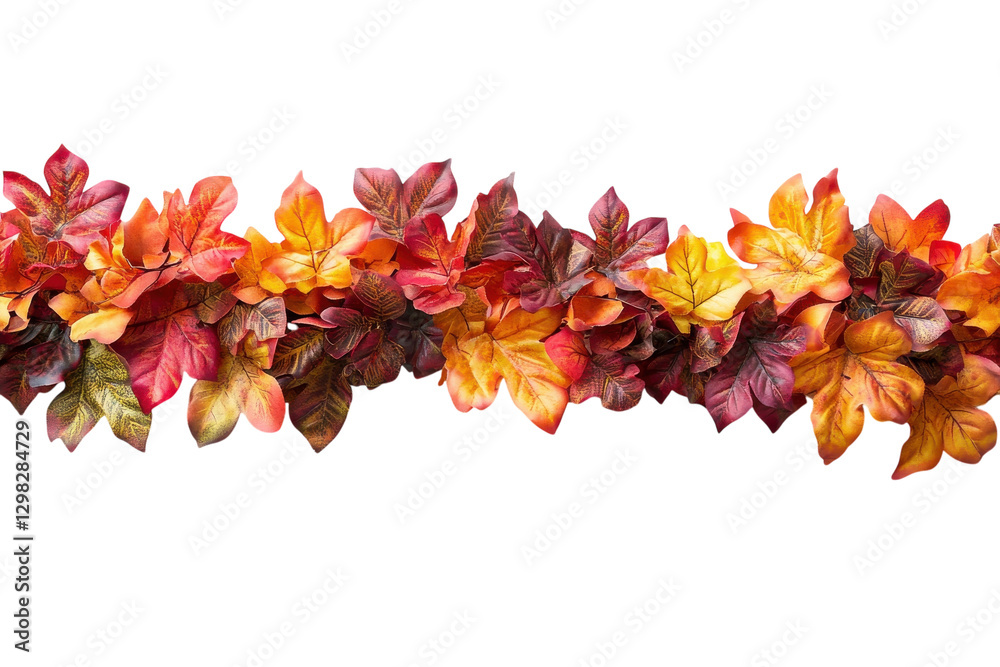 Fototapeta premium Colorful autumn leaves garland displayed against a white background for seasonal decor
