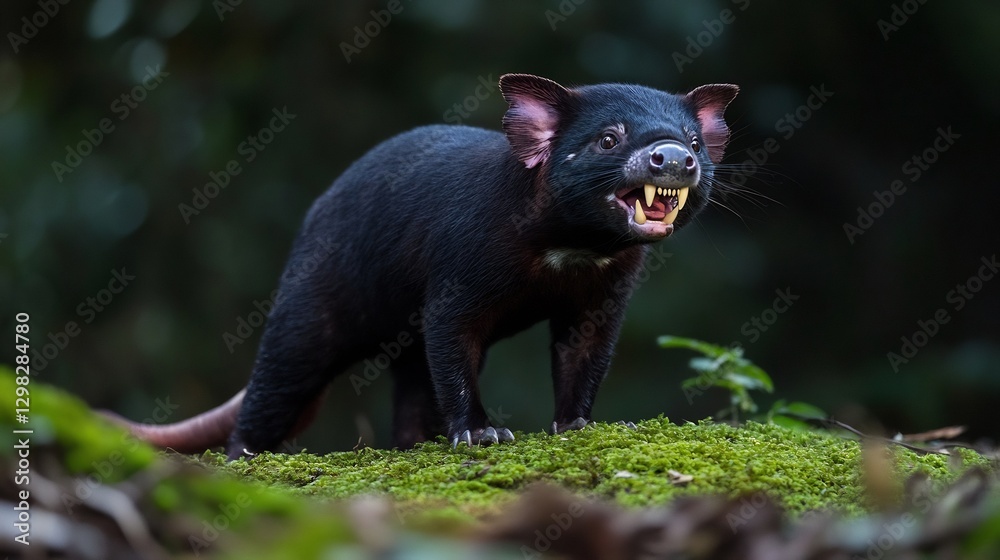Fierce Tasmanian Devil standing on a mossy forest floor its sharp teeth bared slightly eyes glowing with wild energy under the dim evening light Fierce Tasmanian Devil standing on a mossy forest floor its sharp teeth bared slightly eyes glowing with wild energy under the dim evening light