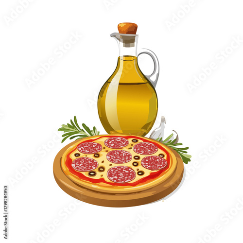 salami pizza with olive oil and olives leaves vector icon design