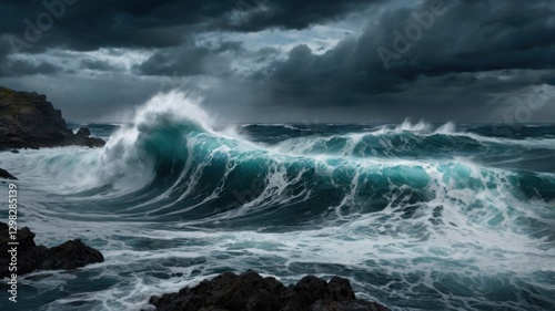Powerful Ocean Waves Crashing Against Rocky Shore Under Stormy Skies