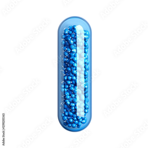 Blue transparent medicine capsule filled with blue beads resting on a transparent surface, Blue Transparent pills content medicine capsule on transparent background photo