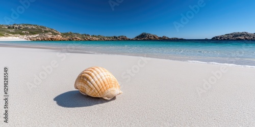A lone seashell rests on smooth, pristine sand, with clear blue waters and rocky outcrops under the bright sky.