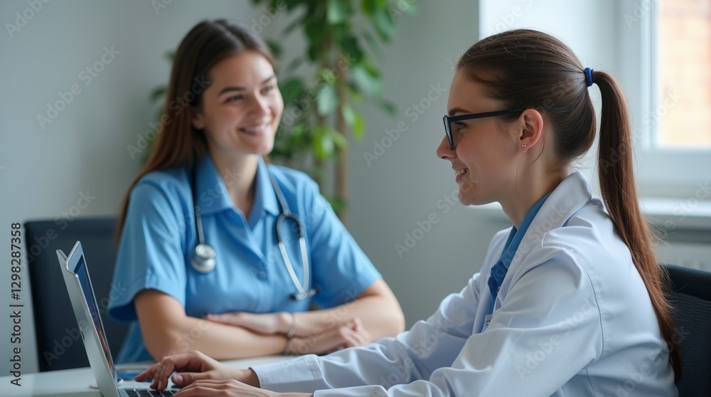 Fototapeta premium Friendly Young Medical Professionals Consulting in Bright Office