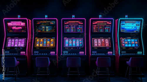 Five Illuminated Slot Machines in Neon Colors Displaying Digital Graphics on Black Background