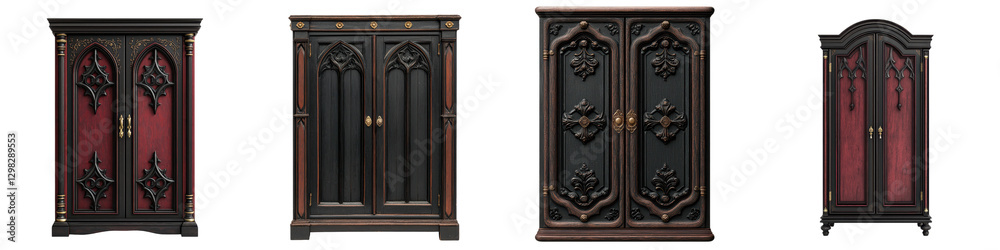 Ornate Gothic style Antique Wooden Armoire Wardrobe Cabinet in Red and Brown Tones Featuring Detailed Carvings and Intricate Designs Showcasing Classic Interior Design and Home Decor Ornate Gothic style Antique Wooden Armoire Wardrobe Cabinet in Red and Brown Tones Featuring Detailed Carvings and Intricate Designs Showcasing Classic Interior Design and Home Decor