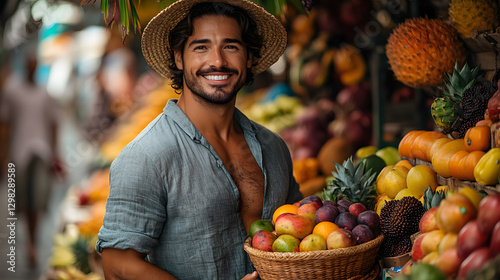 Obraz na płótnie A vibrant summer photography of a man walking through a tropical market, dressed in a relaxed linen shirt and casual shorts, holding a basket of fresh fruits with colorful stalls surrounding him. w salonie