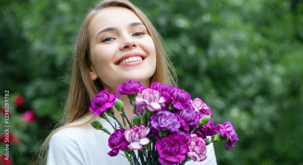 Smiling young woman holding bouquet of purple flowers against green background Smiling young woman holding bouquet of purple flowers against green background