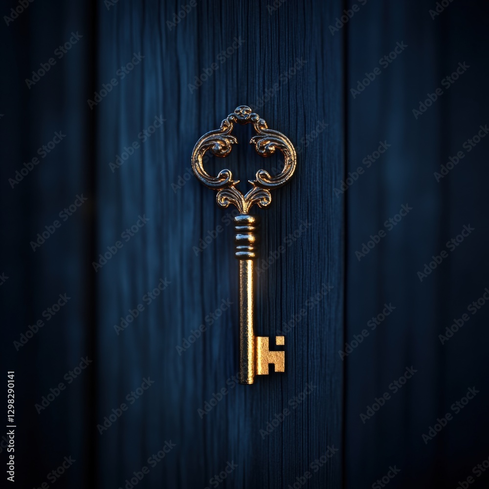 antique Gold Key on a wooden door antique Gold Key on a wooden door