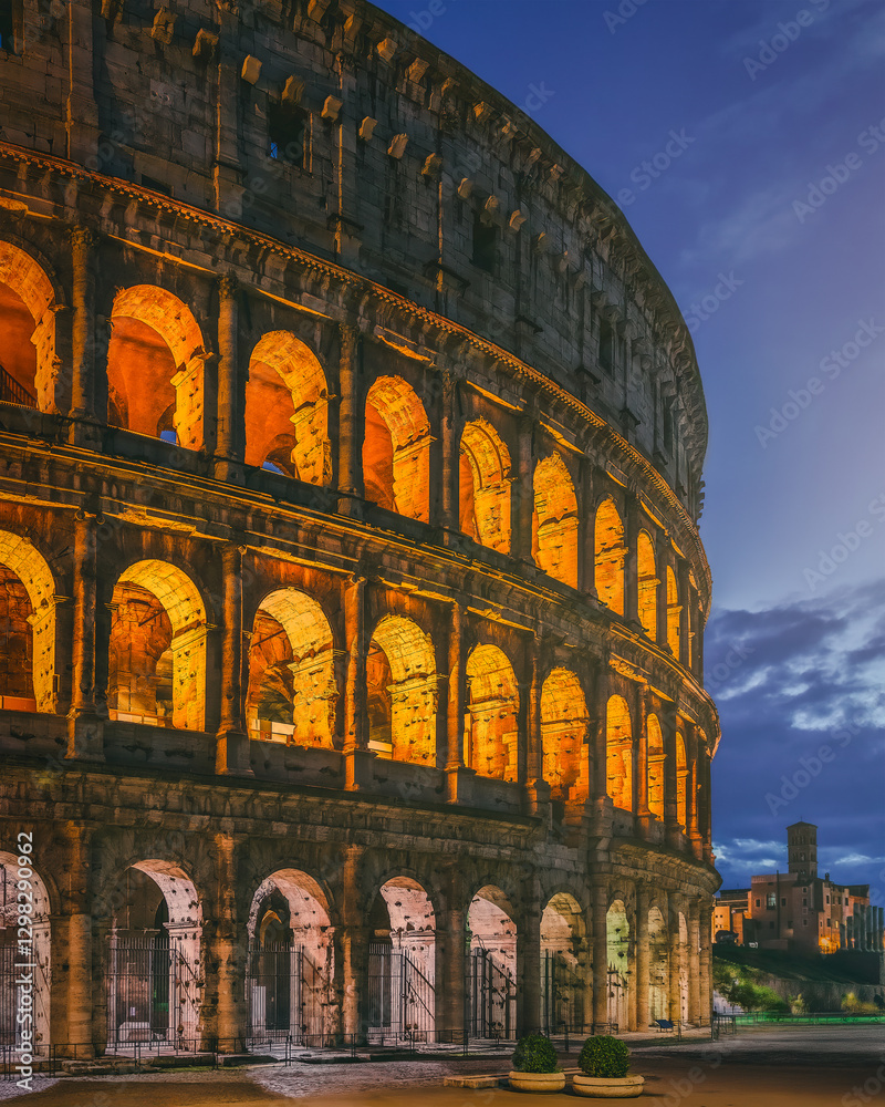 Naklejka premium The Colosseum at Dusk - Illuminated Ancient Wonder in Rome
