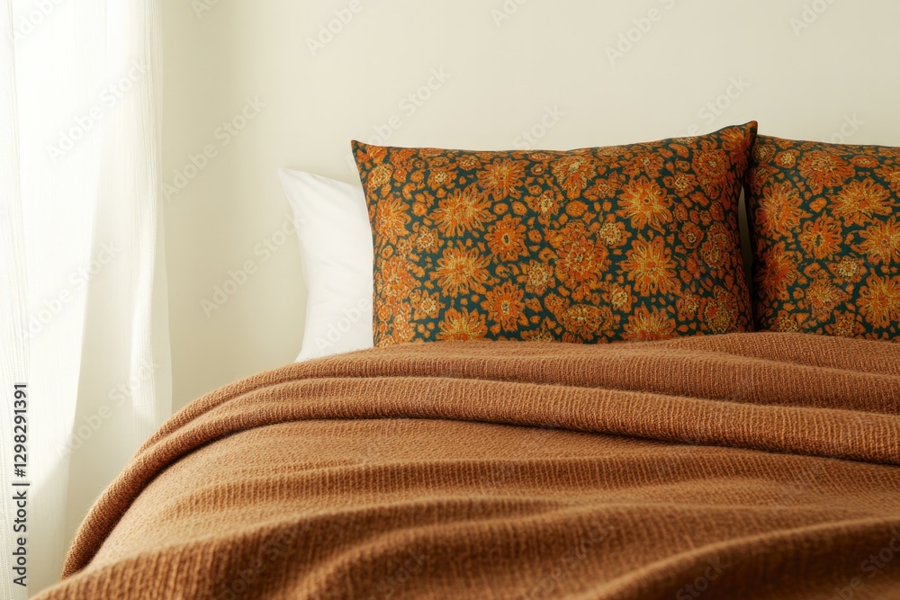Obraz premium Warm and inviting bedroom scene featuring patterned pillows and