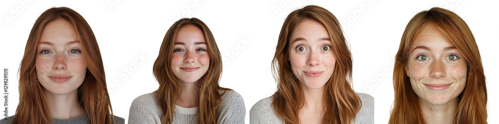 Friendly and Cheerful Young Woman with Auburn Wavy Hair Smiling Confidently at Against White Background Portraying a Positive and Approachable Mood for Fashion Beauty or Lifestyle Imagery Friendly and Cheerful Young Woman with Auburn Wavy Hair Smiling Confidently at Against White Background Portraying a Positive and Approachable Mood for Fashion Beauty or Lifestyle Imagery