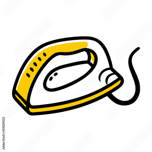 Flat iron icon in a simple vector style with a bright yellow and white color scheme, showcasing an essential household appliance used for pressing clothes