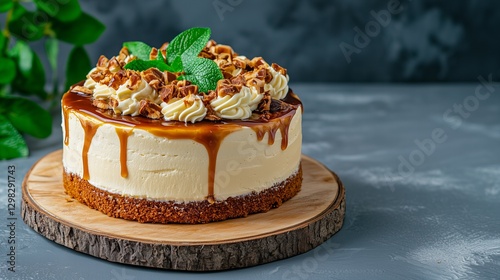 Wallpaper Mural Caramel Cheesecake With Nuts And Mint On Wooden Plate Torontodigital.ca