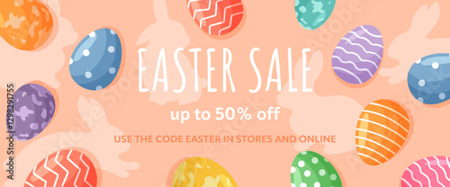 Easter Sale Banner. Trendy Easter design with typography, eggs and bunnies. Festive horizontal poster for discount Easter promotions