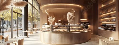 A modern coffee shop with an elegant, round shape and light wood color
