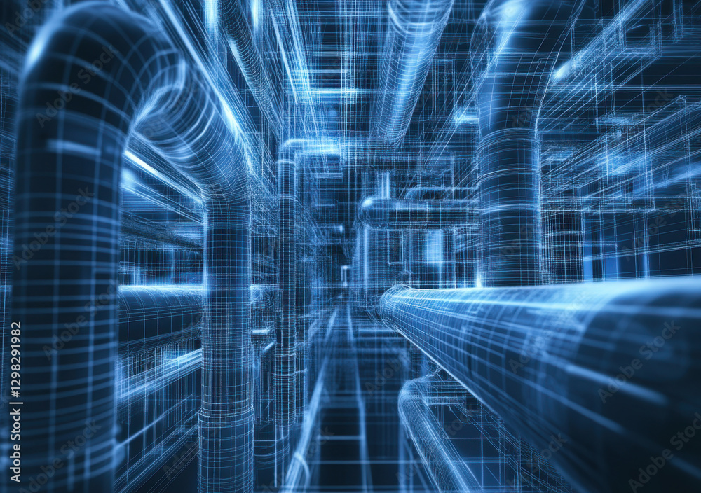 This depiction showcases a detailed blueprint of intricate industrial pipes and cables in a digital format, emphasizing engineering precision This depiction showcases a detailed blueprint of intricate industrial pipes and cables in a digital format, emphasizing engineering precision