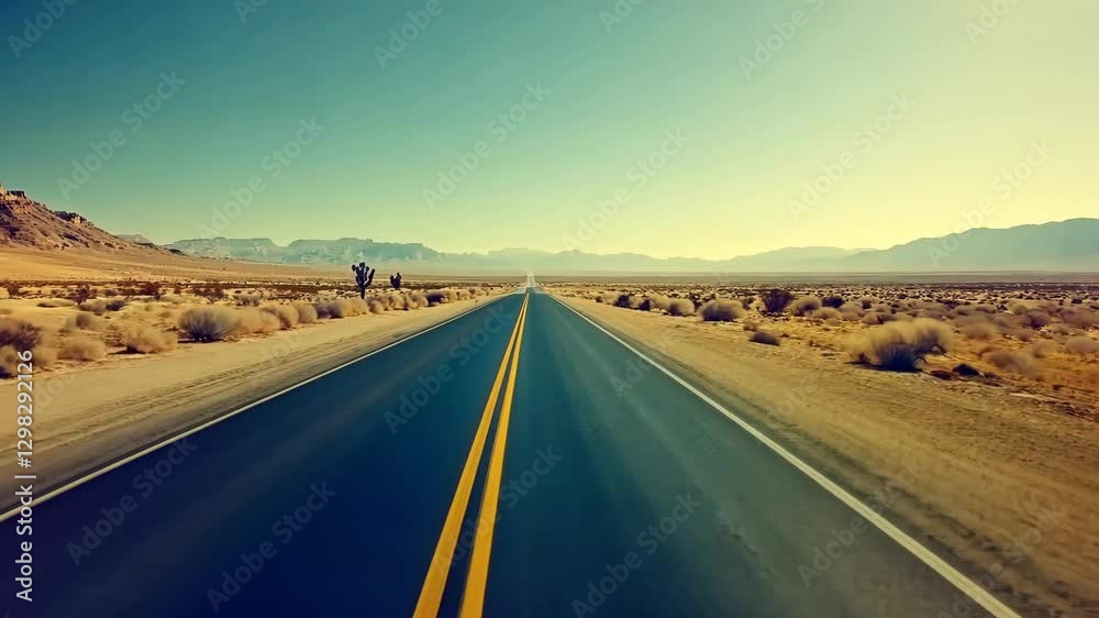 Scenic desert highway stretches endlessly towards mountains under a clear blue sky during golden hour