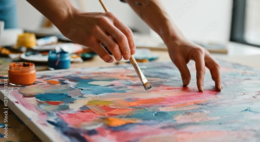 Hands painting colorful abstract canvas with brush Hands painting colorful abstract canvas with brush