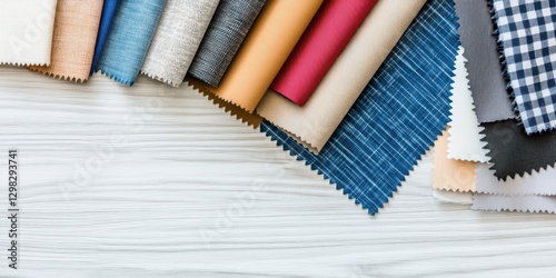 A vibrant overhead display of various textured and colored interior fabric samples elegantly arranged, showcasing an array of design possibilities.
