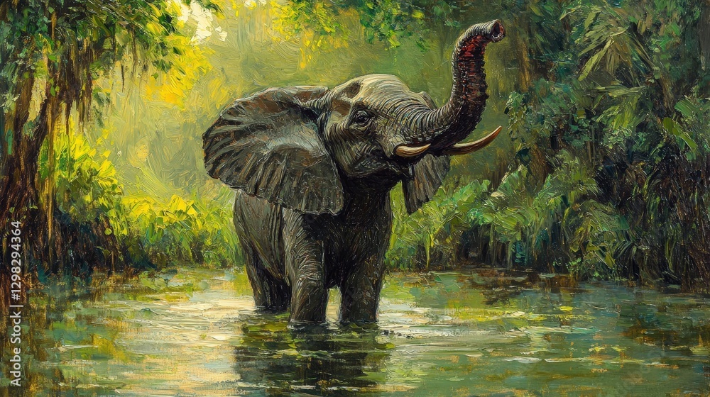 Fototapeta premium A majestic elephant poised mid-stream under a vibrant sky; its graceful trunk arcs upwards, creating ripples in the serene waters below. The scene blends strength with tranquility