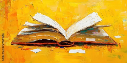 Golden-hued book with crisp, white pages unfurls against a vibrant yellow canvas, inviting curiosity and imagination photo