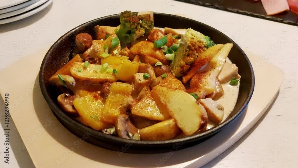 Delicious dish in a frying pan stewed potatoes with meat, mushrooms and cauliflower gravy in a restaurant, close-up Delicious dish in a frying pan stewed potatoes with meat, mushrooms and cauliflower gravy in a restaurant, close-up