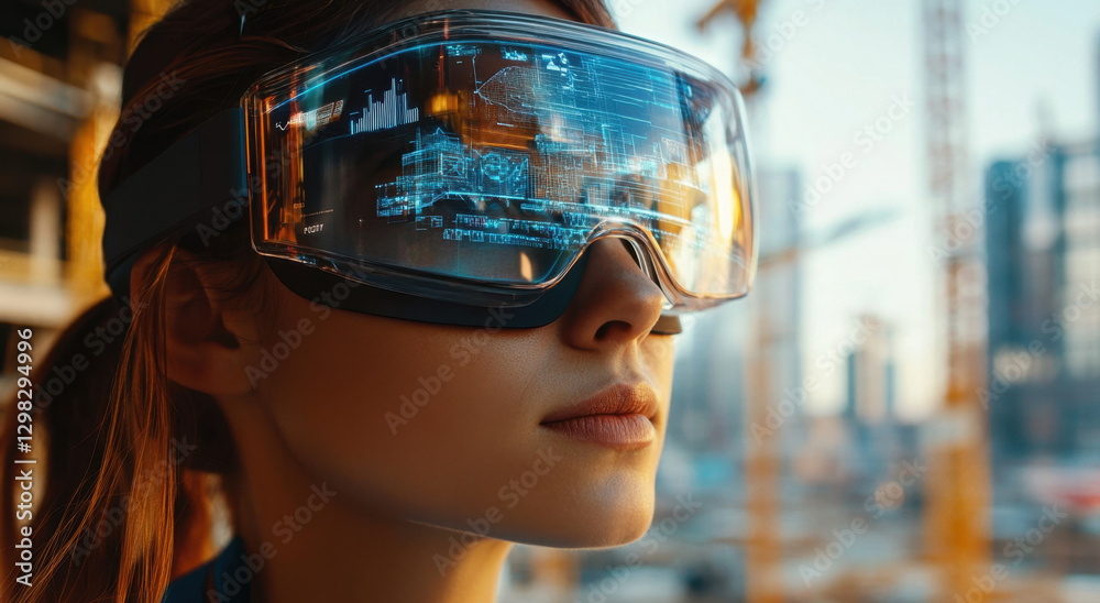 Close-up of an engineer with advanced goggles analyzing digital data in a modern construction environment during daylight Close-up of an engineer with advanced goggles analyzing digital data in a modern construction environment during daylight