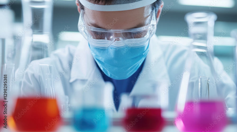 Scientist in lab conducting bioplastic research with colorful liquids Scientist in lab conducting bioplastic research with colorful liquids