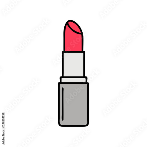Bright red lipstick vector illustration depicting a cosmetic product with a sleek silver casing, suitable for beauty and makeup design projects focused on elegance and style