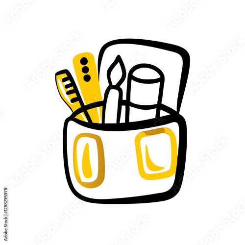 Vector icon of a makeup organizer featuring brushes, lipstick, and tools in a minimalist design suitable for beauty applications
