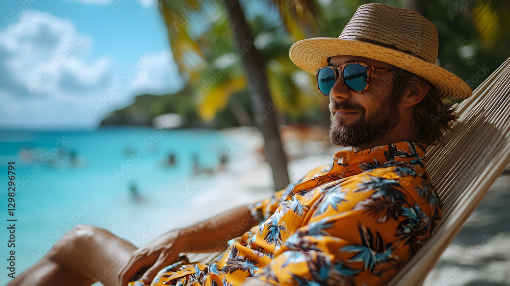 Photography of a fashionable man lounging on a hammock under palm trees, wearing a relaxed Hawaiian shirt, straw hat, and flip-flops, with a bright summer beach scene in the distance.