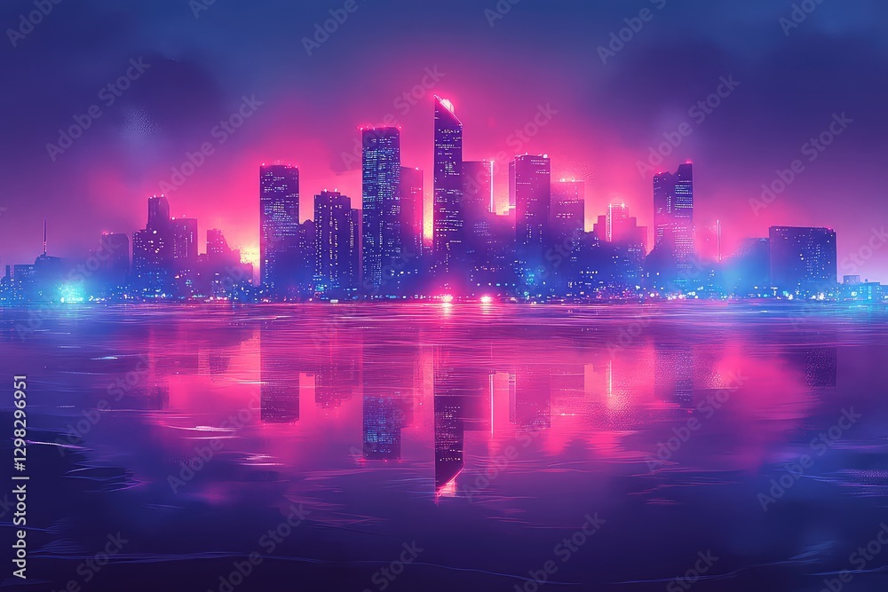 Fototapeta premium Vibrant city skyline at dusk with neon lights reflecting on water, evoking a futuristic atmosphere