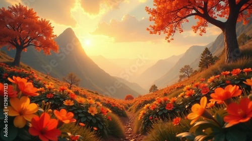 Enchanting landscape of vibrant flowers and majestic mountains under a golden sunset.