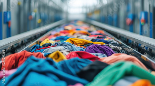 Colorful fabrics on conveyor belt in recycling plant