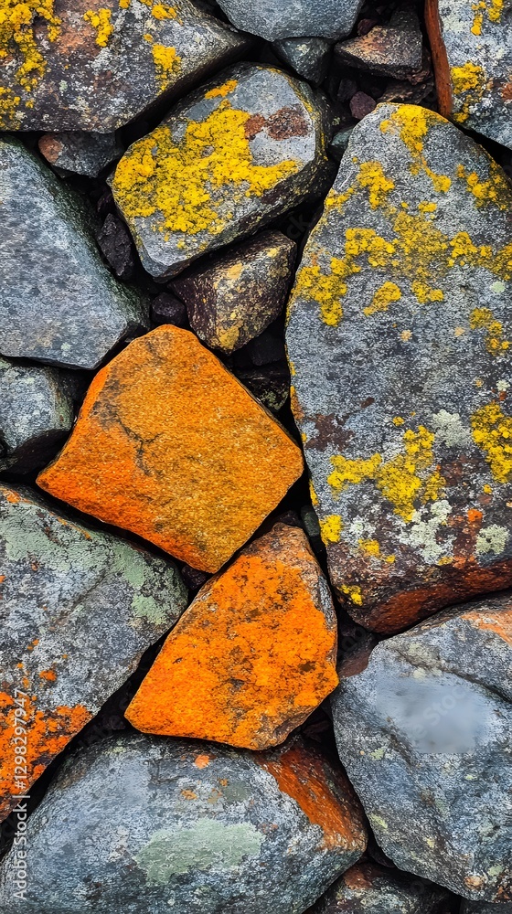 Fototapeta premium Vibrant Lichen on Colorful Rocks, Abstract Stone Texture