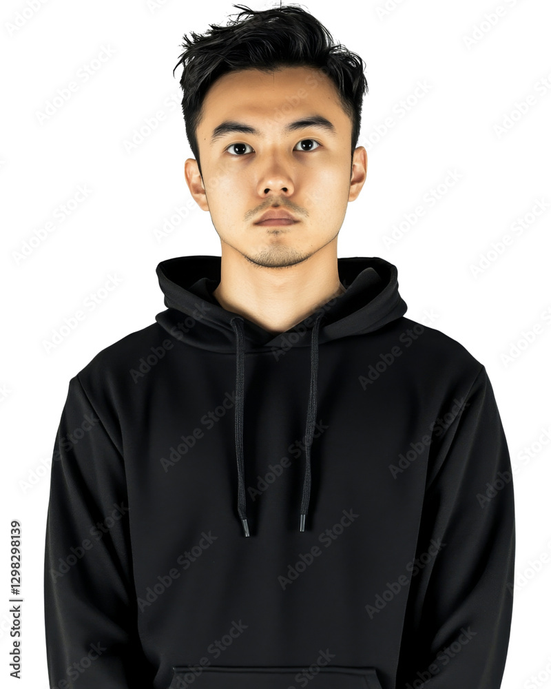 Serious young man wearing black hoodie with transparent background Serious young man wearing black hoodie with transparent background