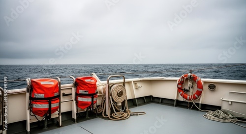 Life vests and lifebuoy on ship deck with cloudy sea horizon photo