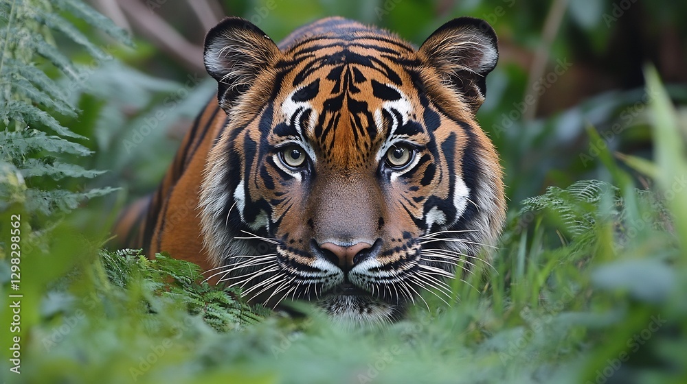Fototapeta premium Fierce yet graceful Sumatran Tiger stalking through the dense jungle its orange and black striped fur blending into the lush green surroundings
