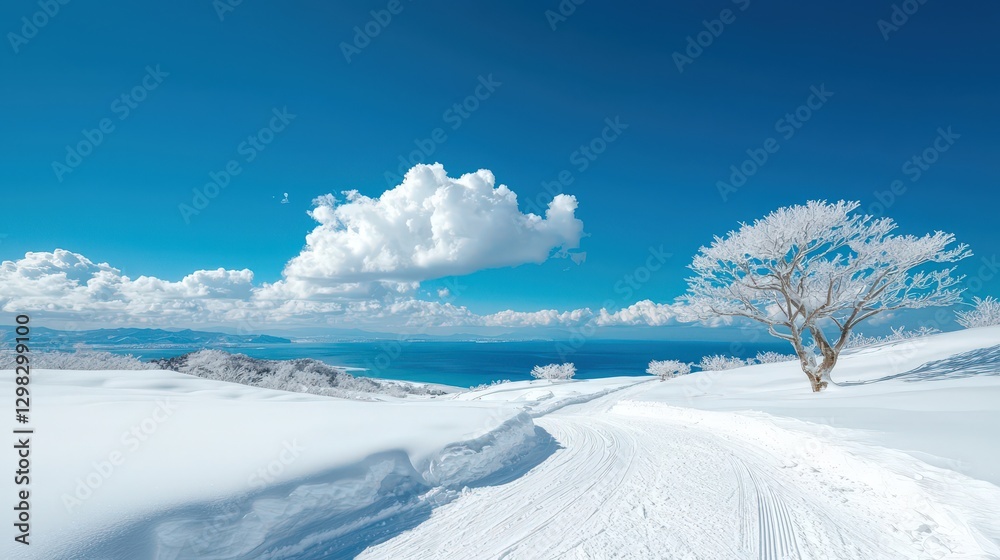Snowy Path Leads to Distant Ocean Vista Under a Bright Blue Sky with Fluffy Clouds Snowy Path Leads to Distant Ocean Vista Under a Bright Blue Sky with Fluffy Clouds