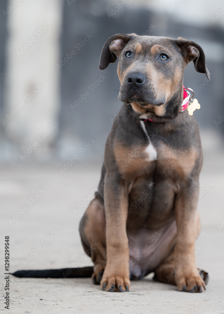 A young dog with a loyal gaze and unique coat pattern sits attentively on a concrete surface. Its curious expression and relaxed posture make the image especially expressive. A young dog with a loyal gaze and unique coat pattern sits attentively on a concrete surface. Its curious expression and relaxed posture make the image especially expressive.