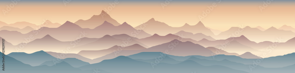 Sunrise in the mountains, morning light and fog, vector illustration, panoramic view Sunrise in the mountains, morning light and fog, vector illustration, panoramic view
