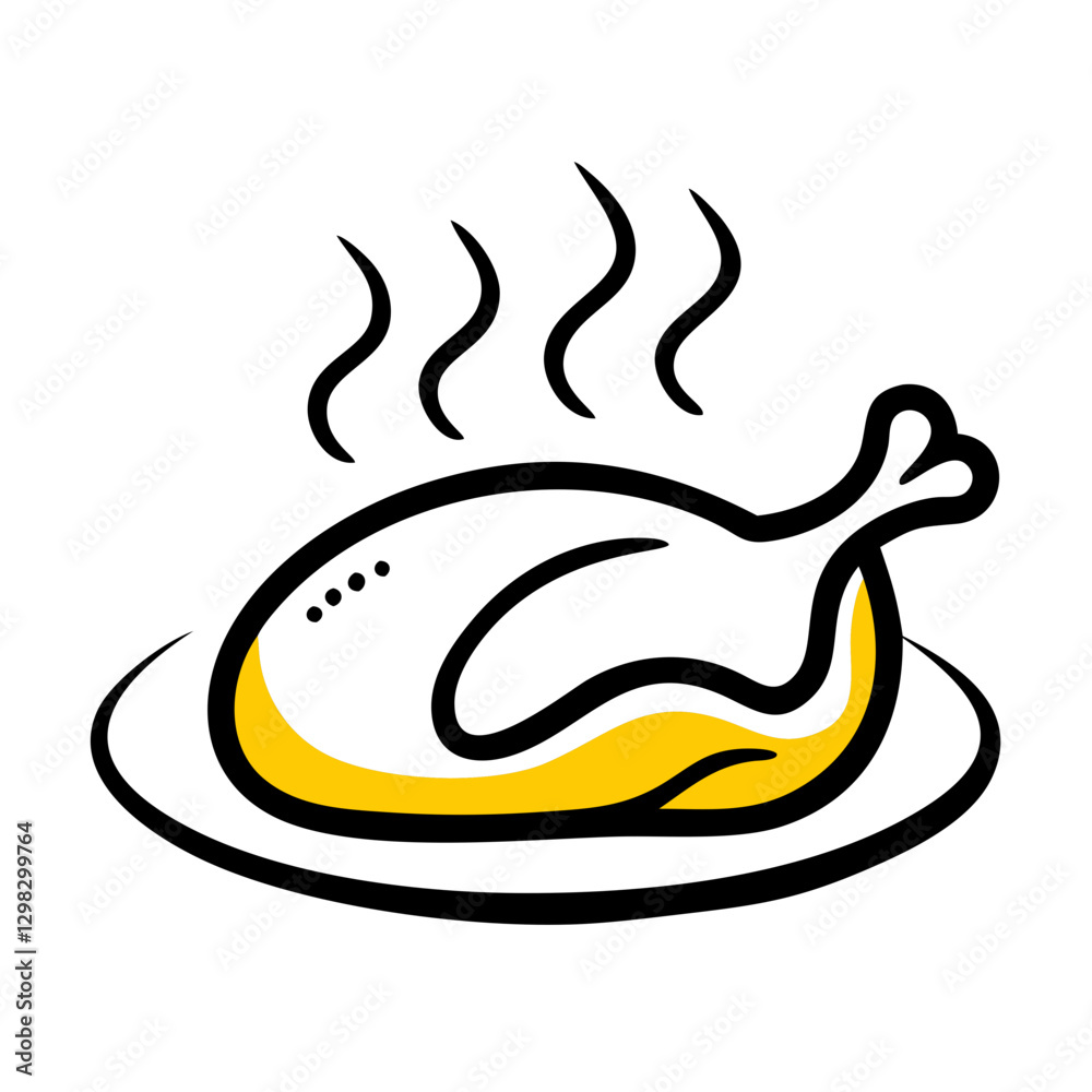 Roasting pan icon featuring a deliciously cooked chicken on a plate with steam rising, perfect for culinary themes and cooking illustrations Roasting pan icon featuring a deliciously cooked chicken on a plate with steam rising, perfect for culinary themes and cooking illustrations