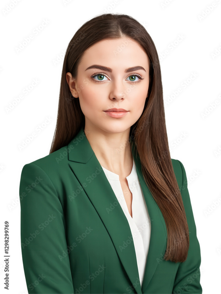 Young woman with straight, dark brown hair and warm green eyes, a confident, serene expression. She wears a professional jacket Young woman with straight, dark brown hair and warm green eyes, a confident, serene expression. She wears a professional jacket