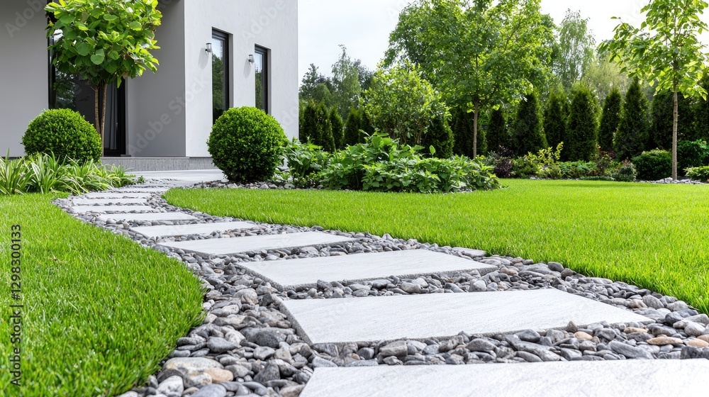 Fototapeta premium Winding stone path garden modern home landscaping design