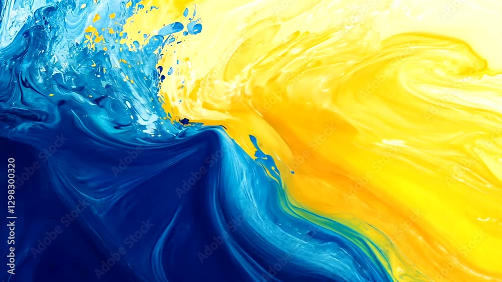 Vibrant abstract swirl of blue and yellow paint blending together, creating a dynamic visual flow