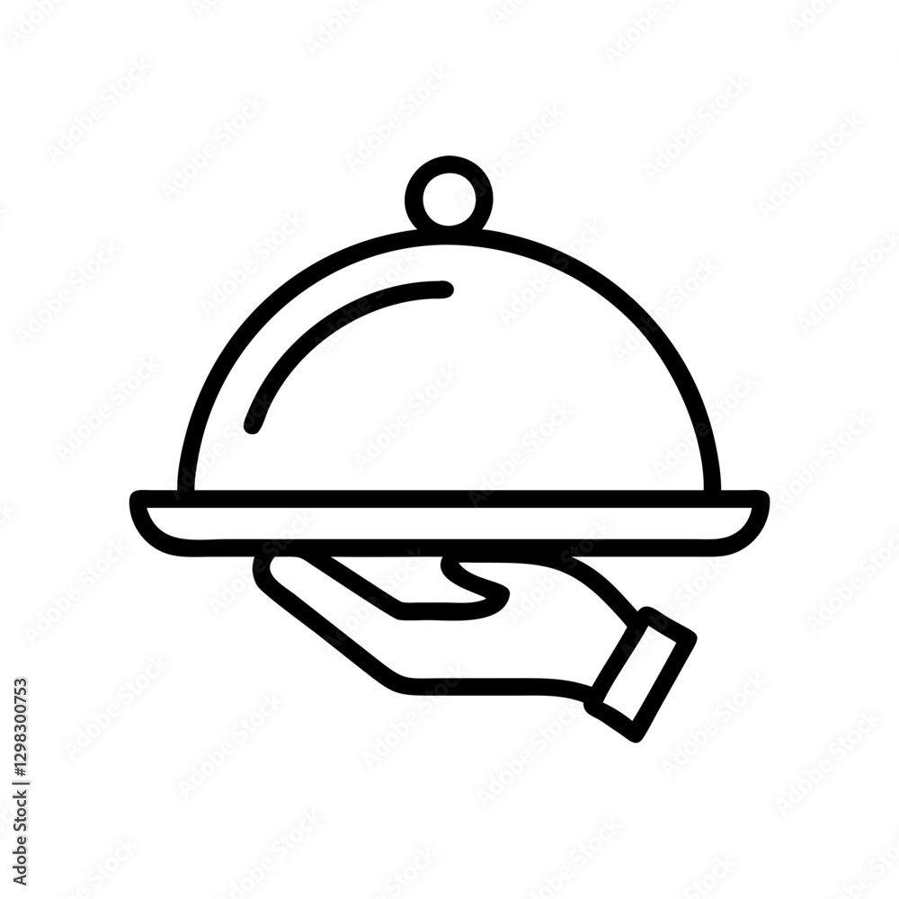 Obraz premium Serving tray icon with a hand holding it, suitable for restaurant and catering applications in a modern design style